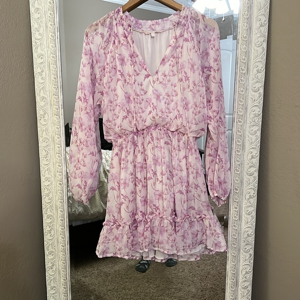 GB Long Sleeve Split Mock Neck Floral Printed Chiffon Dress